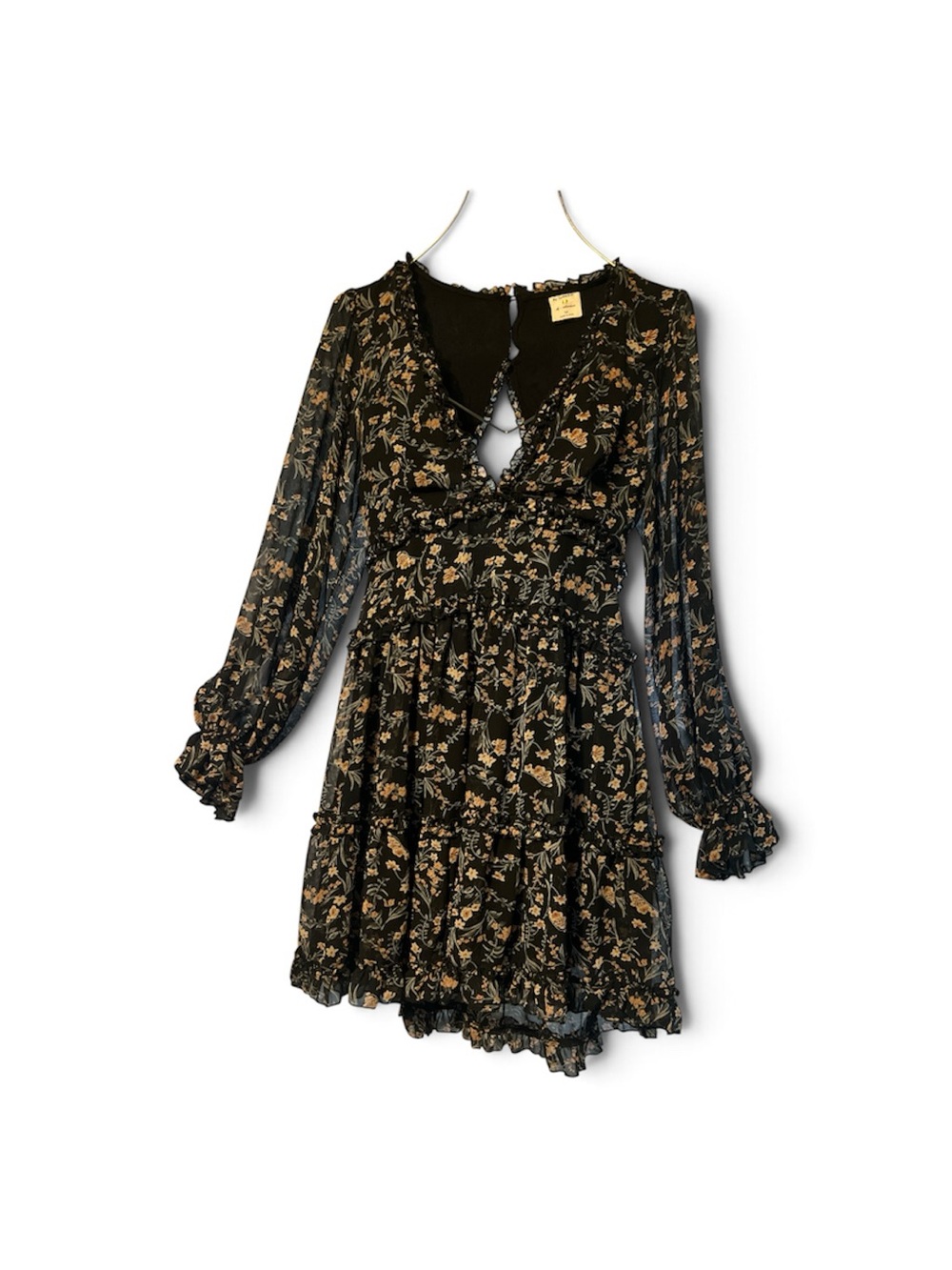 By Together Black Floral Long-Sleeve Tiered Mini Dress